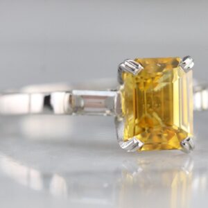 Emerald Cut Yellow Sapphire Platinum Ring, Diamond Accents
