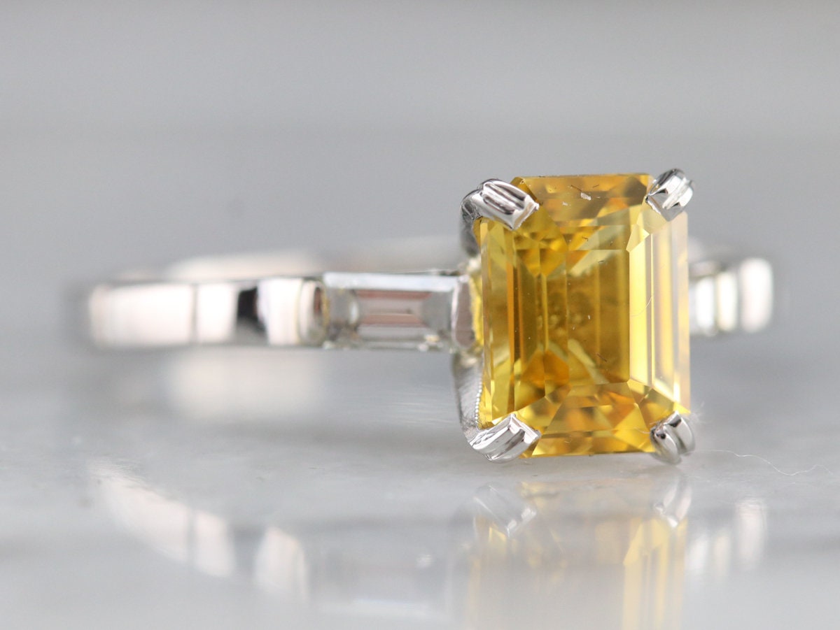 Emerald Cut Yellow Sapphire Platinum Ring, Diamond Accents