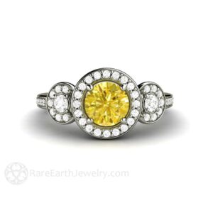 Yellow Sapphire Engagement Ring Yellow Sapphire Ring With Diamond Halo 3 Stone Sapphire Ring Three Stone In 14k Or 18k Gold