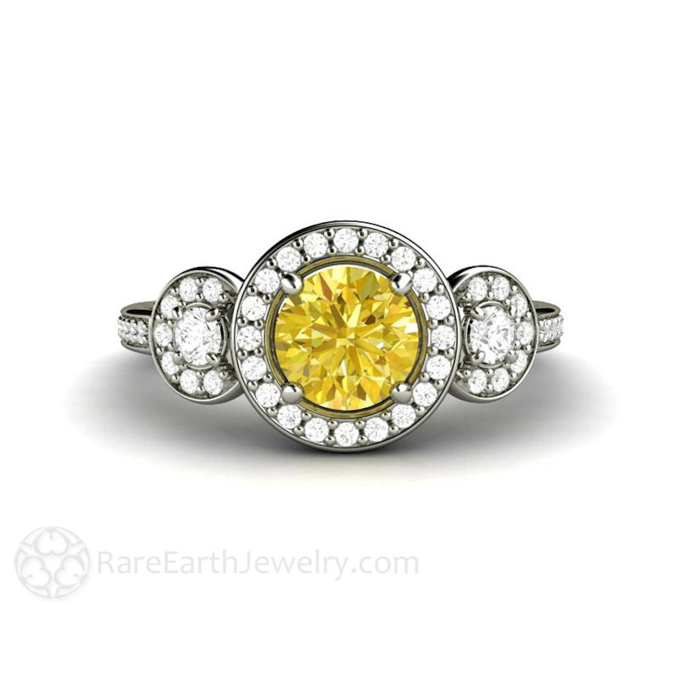 Yellow Sapphire Engagement Ring Yellow Sapphire Ring With Diamond Halo 3 Stone Sapphire Ring Three Stone In 14k Or 18k Gold