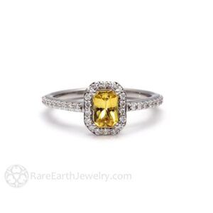 Yellow Sapphire Engagement Ring Emerald Cut Diamond Halo 14k Or 18k White Yellow Rose Gold Or Platinum Custom