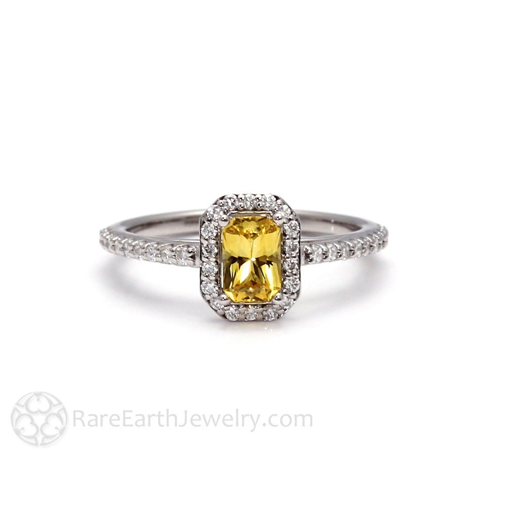 Yellow Sapphire Engagement Ring Emerald Cut Diamond Halo 14k Or 18k White Yellow Rose Gold Or Platinum Custom