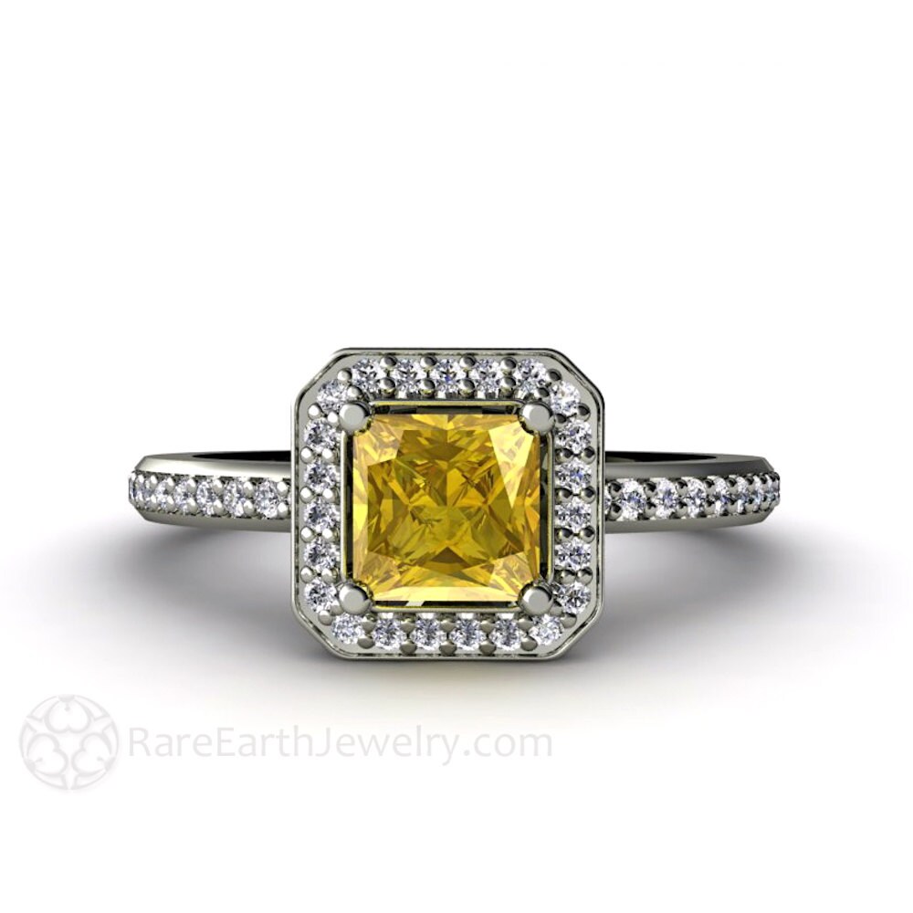 Yellow Sapphire Engagement Ring Square Yellow Sapphire Halo Ring Princess Cut Yellow Sapphire Ring Diamond Halo Gold Or Platinum