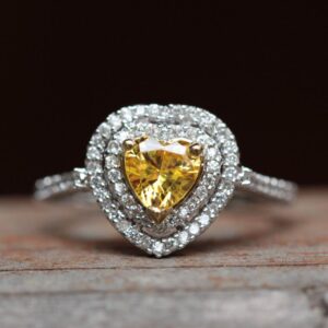 Heart Yellow Sapphire Ring With Double Diamond Halo, Cathedral Shank – Lifetime Care Plan Included - Genuine Gems And Diamonds - Ls5103