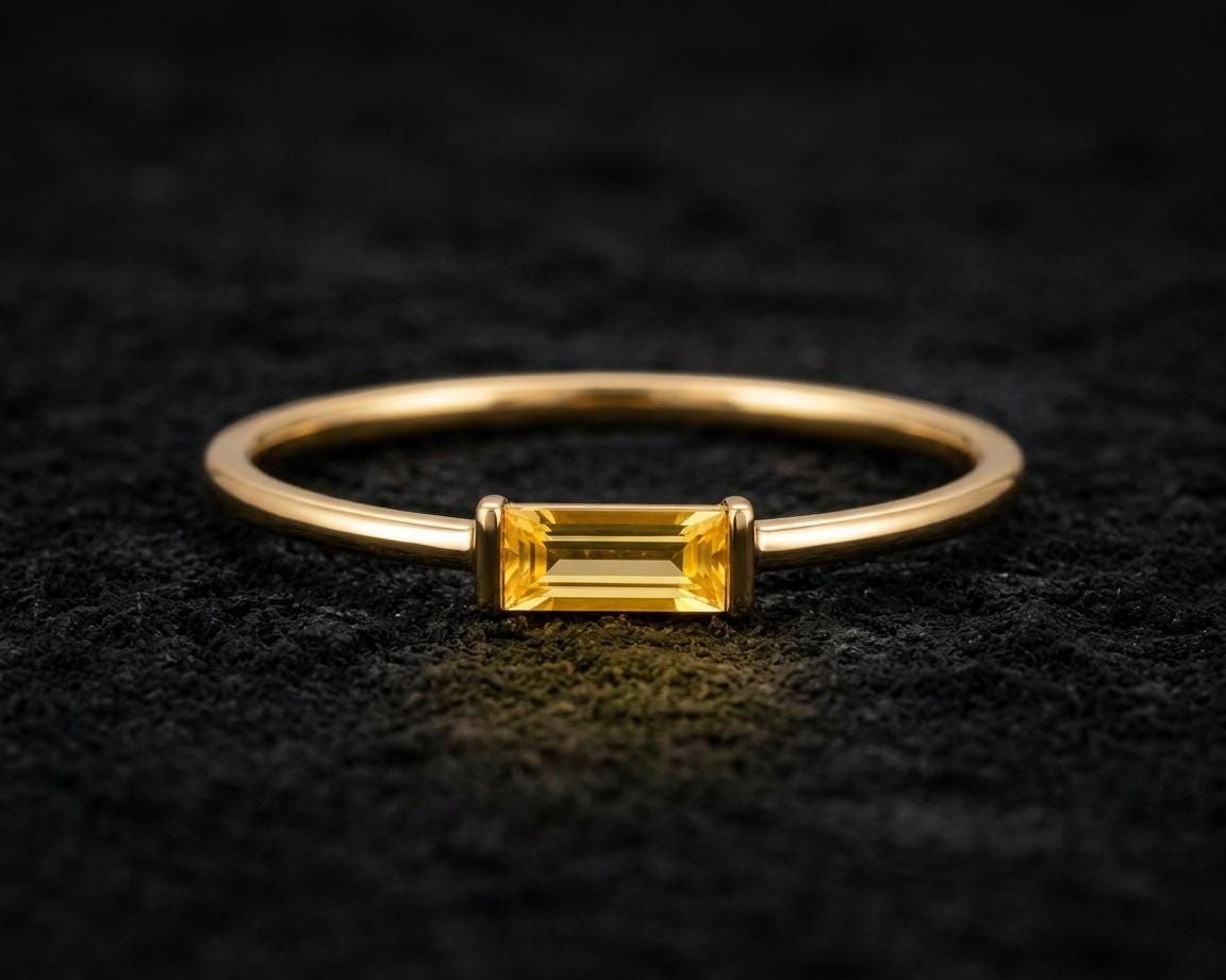 Yellow Sapphire Ring In 925 Sterling Silver, Minimalist Baguette Gemstone Ring, Dainty Promise Ring For Women