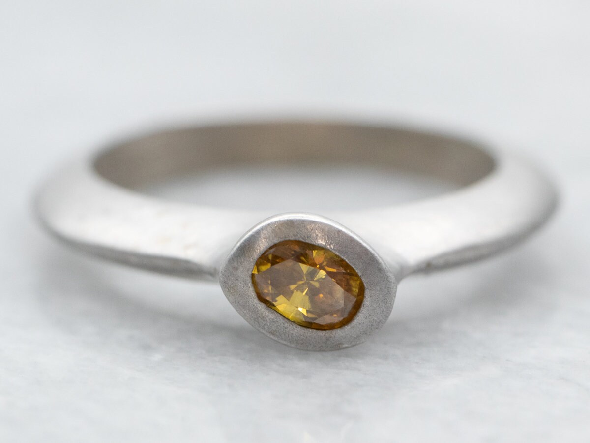 Matte 14k White Gold Yellow Sapphire Ring, Oval Solitaire
