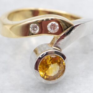 Modernist Yellow Sapphire Ring, Diamond Accents, 18K Gold and Platinum