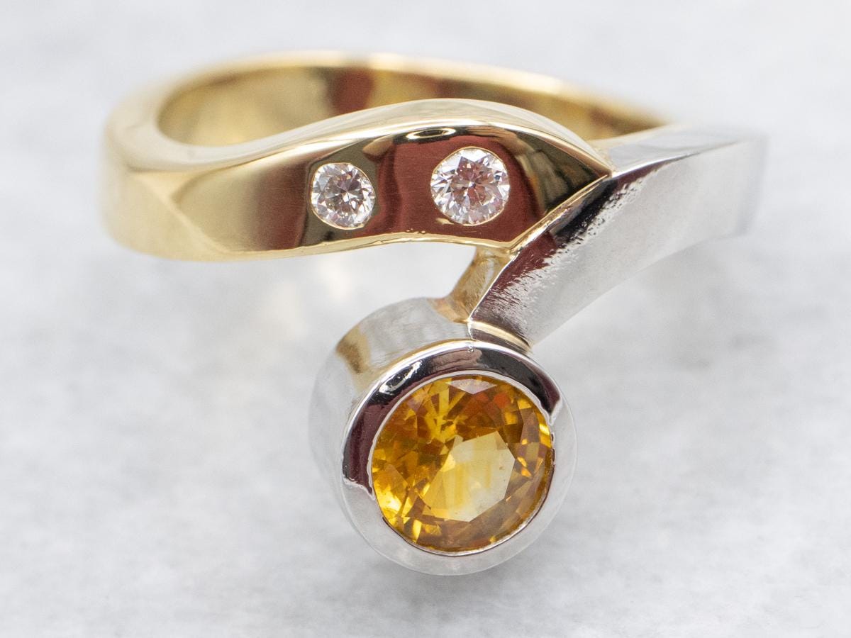 Modernist Yellow Sapphire Ring, Diamond Accents, 18k Gold And Platinum Modernist Yellow Sapphire Ring, Diamond Accents, 18k Gold And Platinum