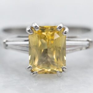 Platinum Yellow Sapphire Ring with Diamond Accents, Emerald Cut