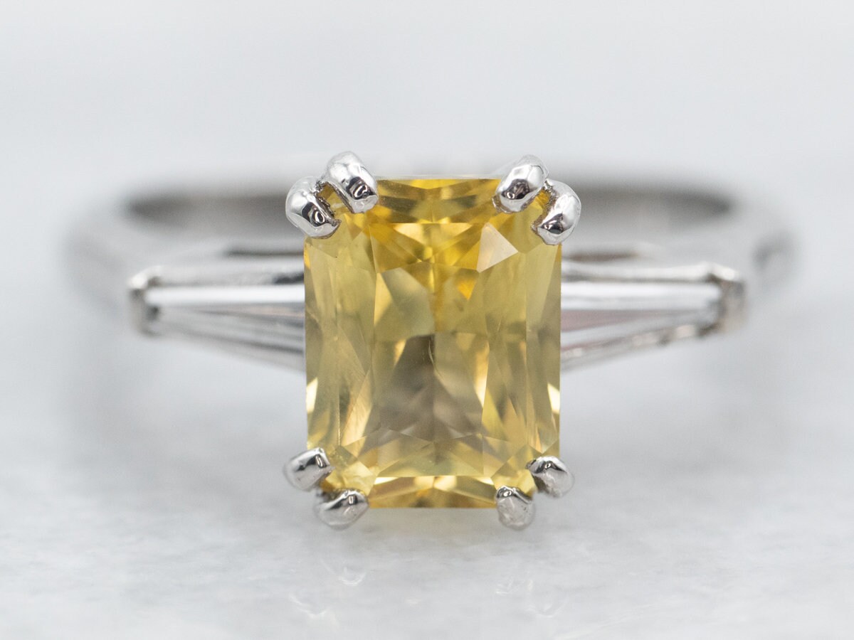 Platinum Yellow Sapphire Ring With Diamond Accents, Emerald Cut