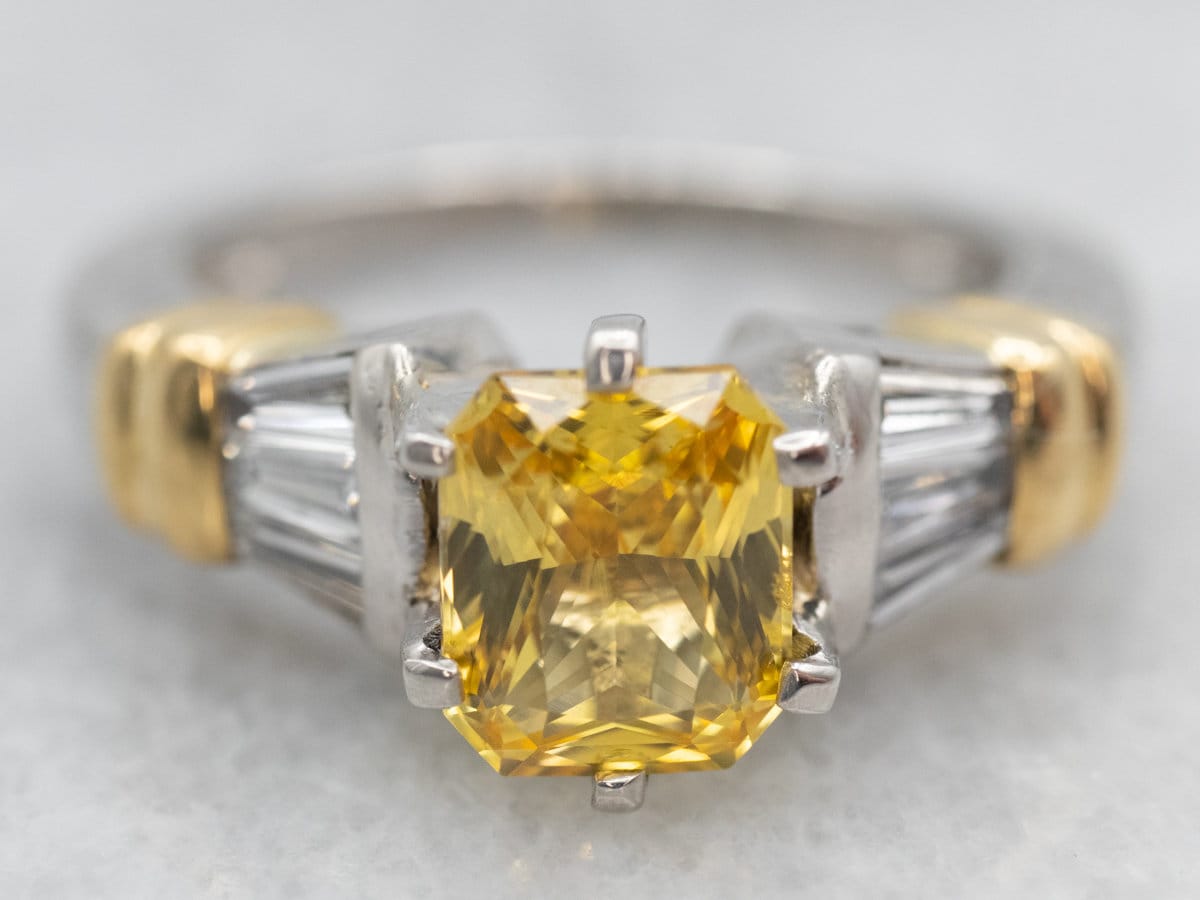 Platinum Yellow Sapphire Engagement Ring, Diamond Accents