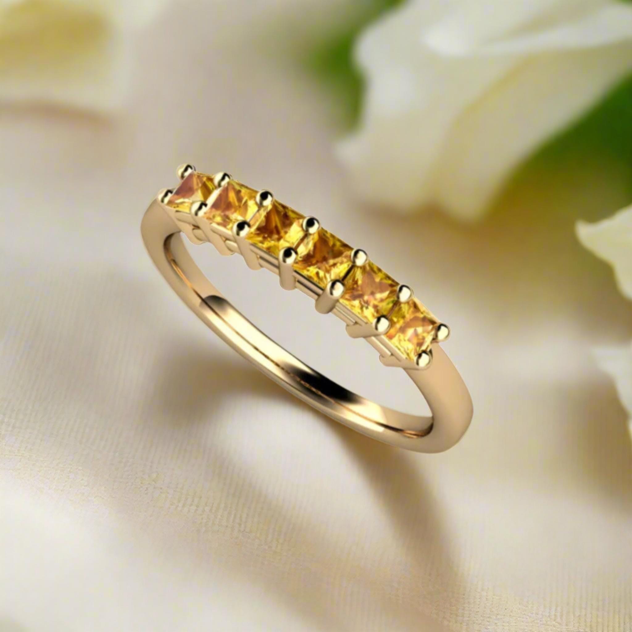 Yellow Sapphire Ring | Princess Cut 6 Stone Anniversary Or Stacking Band In 14k Or 18k Gold