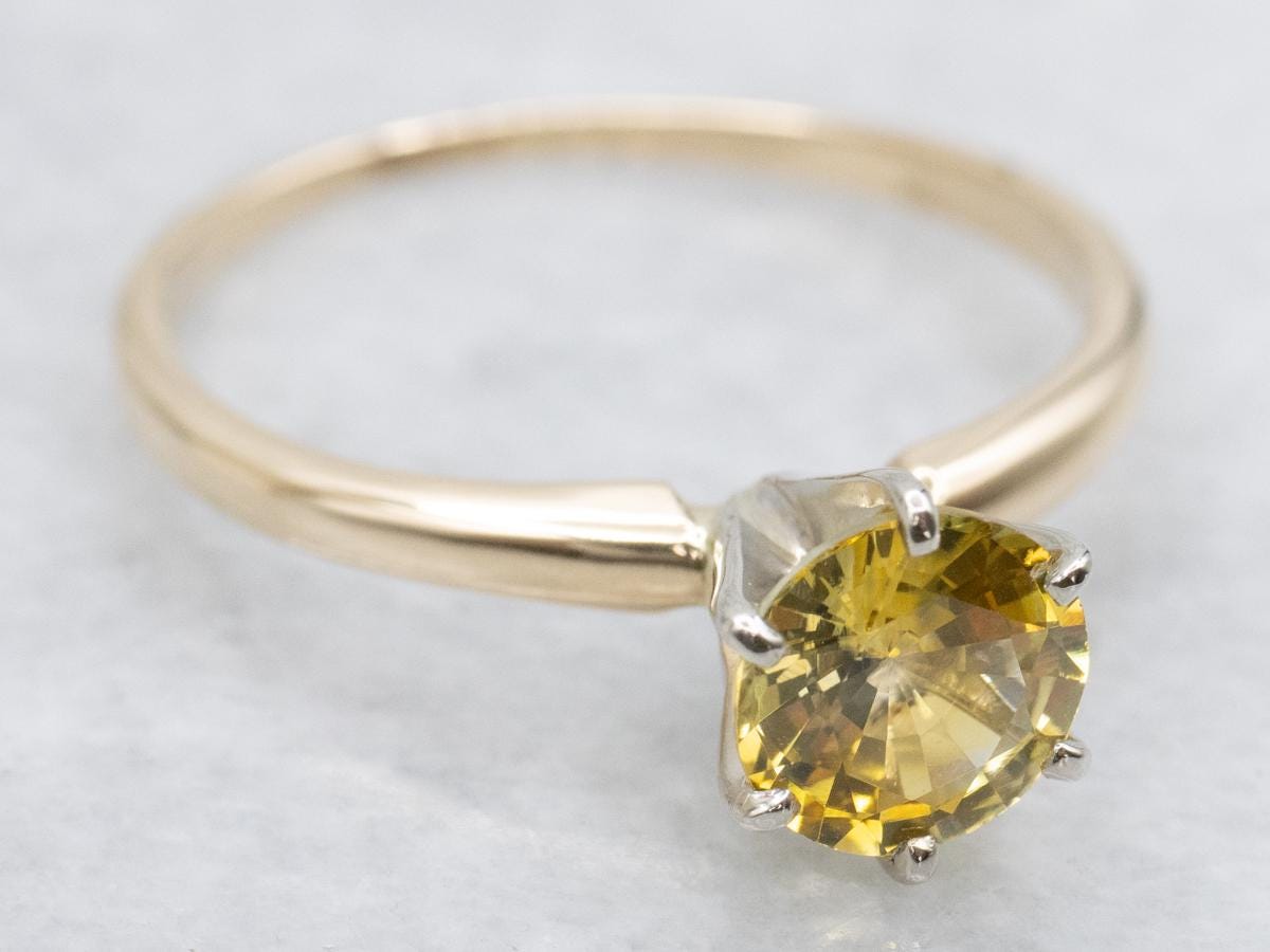 Yellow Sapphire Solitaire Ring, Two Tone Gold Engagement Ring