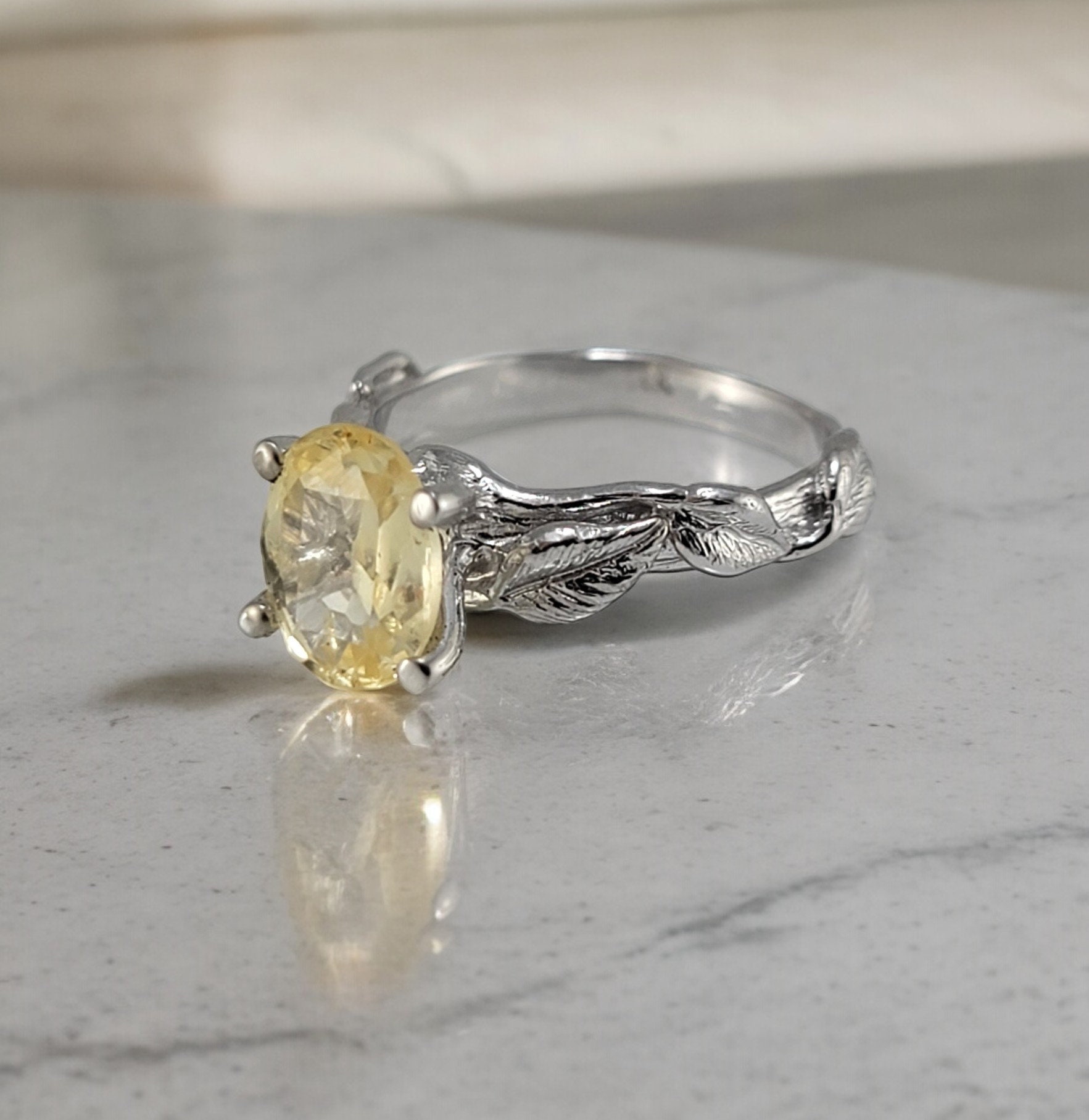 Yellow Sapphire Twig Engagement Ring In Solid Gold - Solitaire - By Dv Designs
