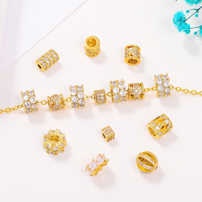 10 Pcs Copper Plated 18k Real Gold Micro-inlaid Zircon Hollow Spacer Beads,large Hole Diamond Beads,diy Bracelet Accessories Material