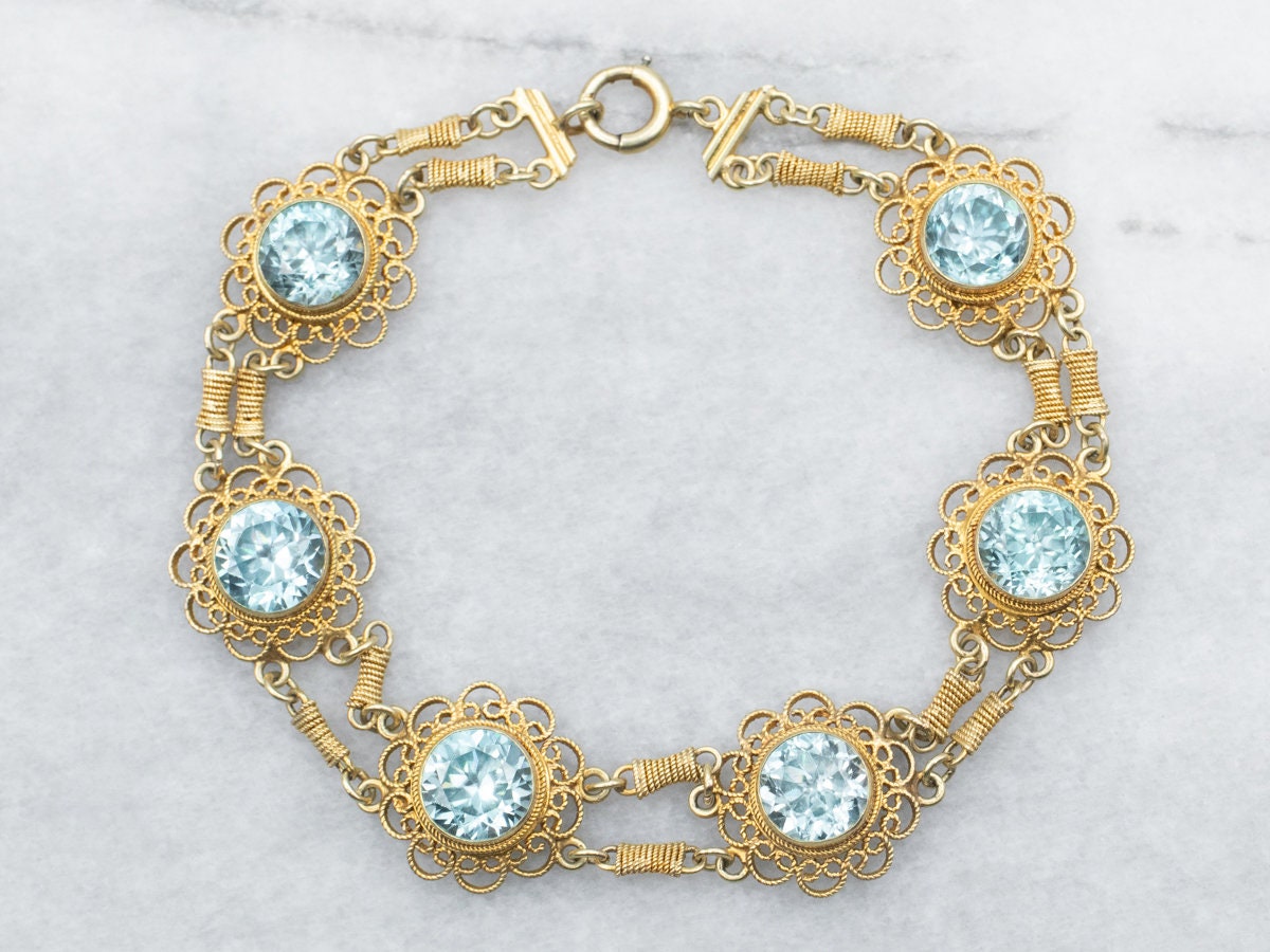 14k Yellow Gold Blue Zircon Filigree Bracelet, 7 Inches