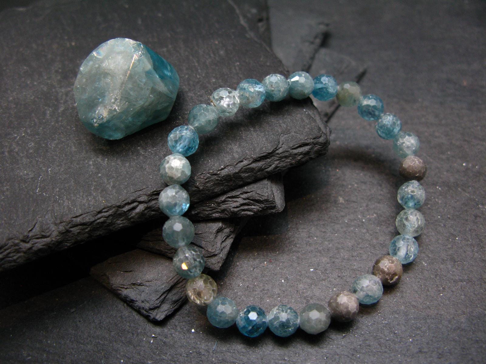 Blue Zircon Genuine Bracelet ~ 6.5 Inches ~ 7mm Facetted Beads
