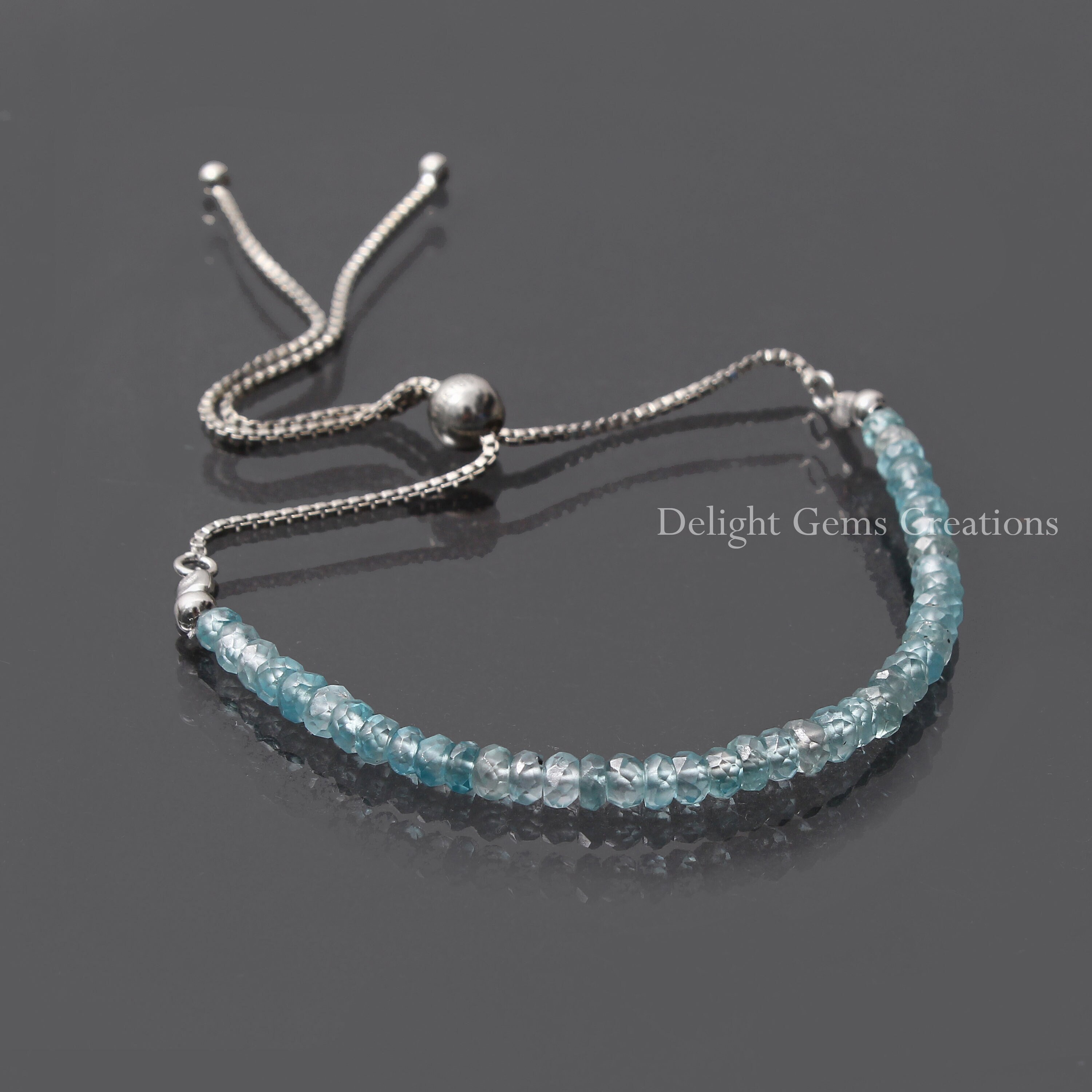 Blue Zircon Silver Adjustable Bracelet, 3-3.5mm Blue Zircon Faceted Rondelle Bolo Chain Bracelet, Gemstone Beaded Silver Chain Bracelet,gift Blue Zircon Silver Adjustable Bracelet, 3-3.5mm Blue Zircon Faceted Rondelle Bolo Chain Bracelet, Gemstone Beaded Silver Chain Bracelet,gift