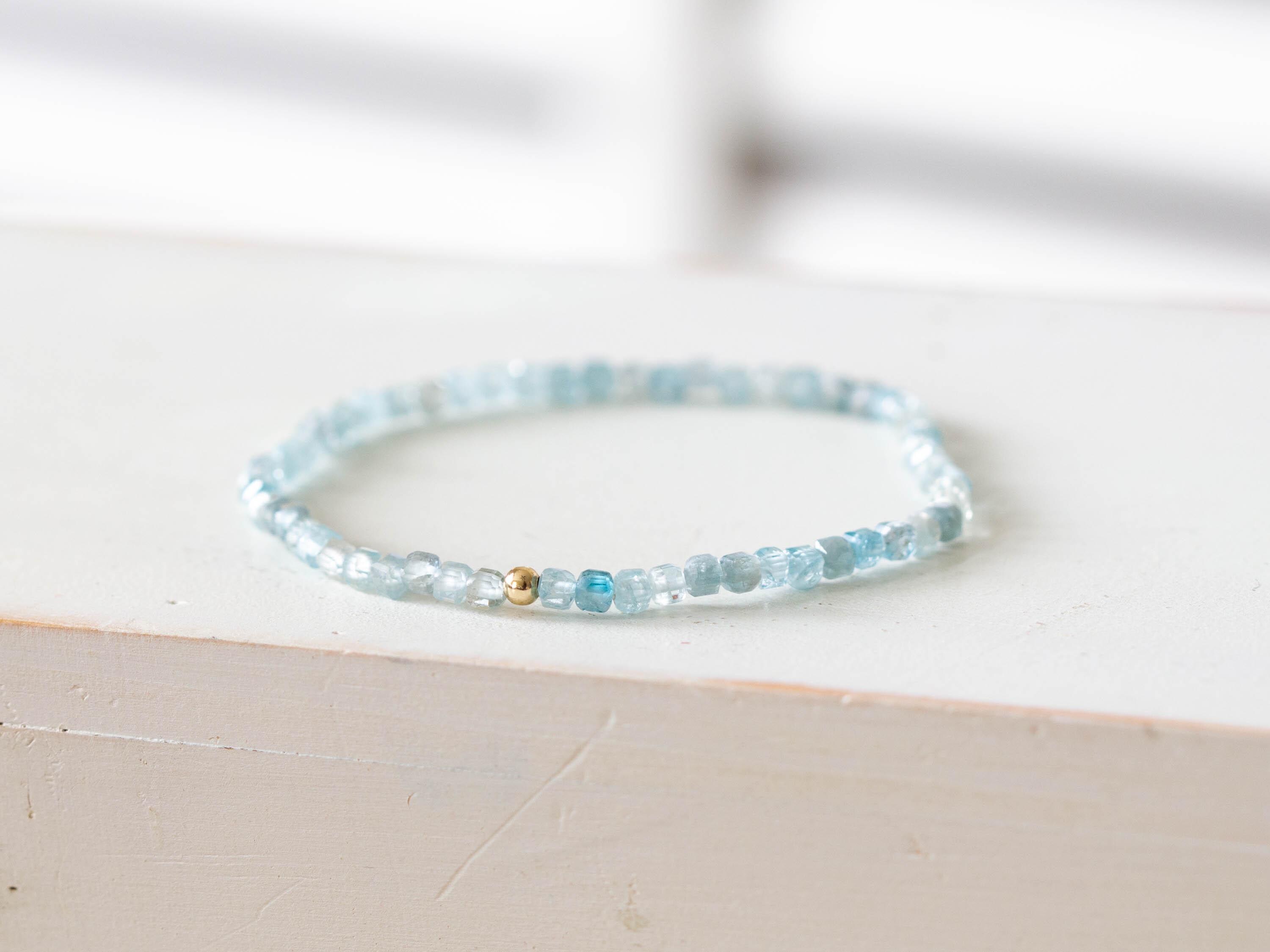 Blue Zircon Stretch Bracelet: Dainty Natural Gemstone Cube Beads Blue Zircon Stretch Bracelet: Dainty Natural Gemstone Cube Beads