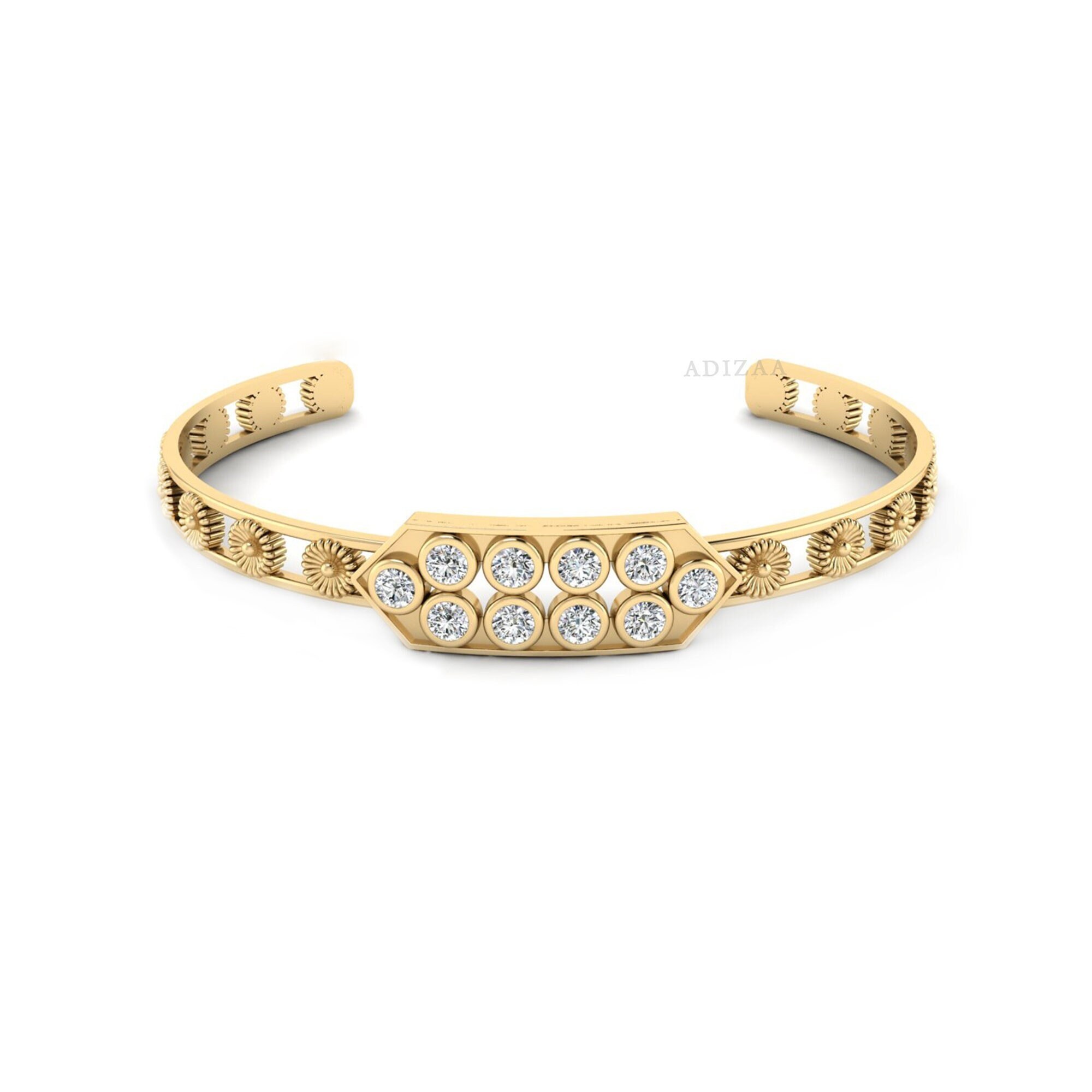 Crystal Zircon Diamond Bangle Bracelet, Hexagon Modern Floral Motif Bangle, 18k Gold Filled High Quality Gemstone Bangle For Women