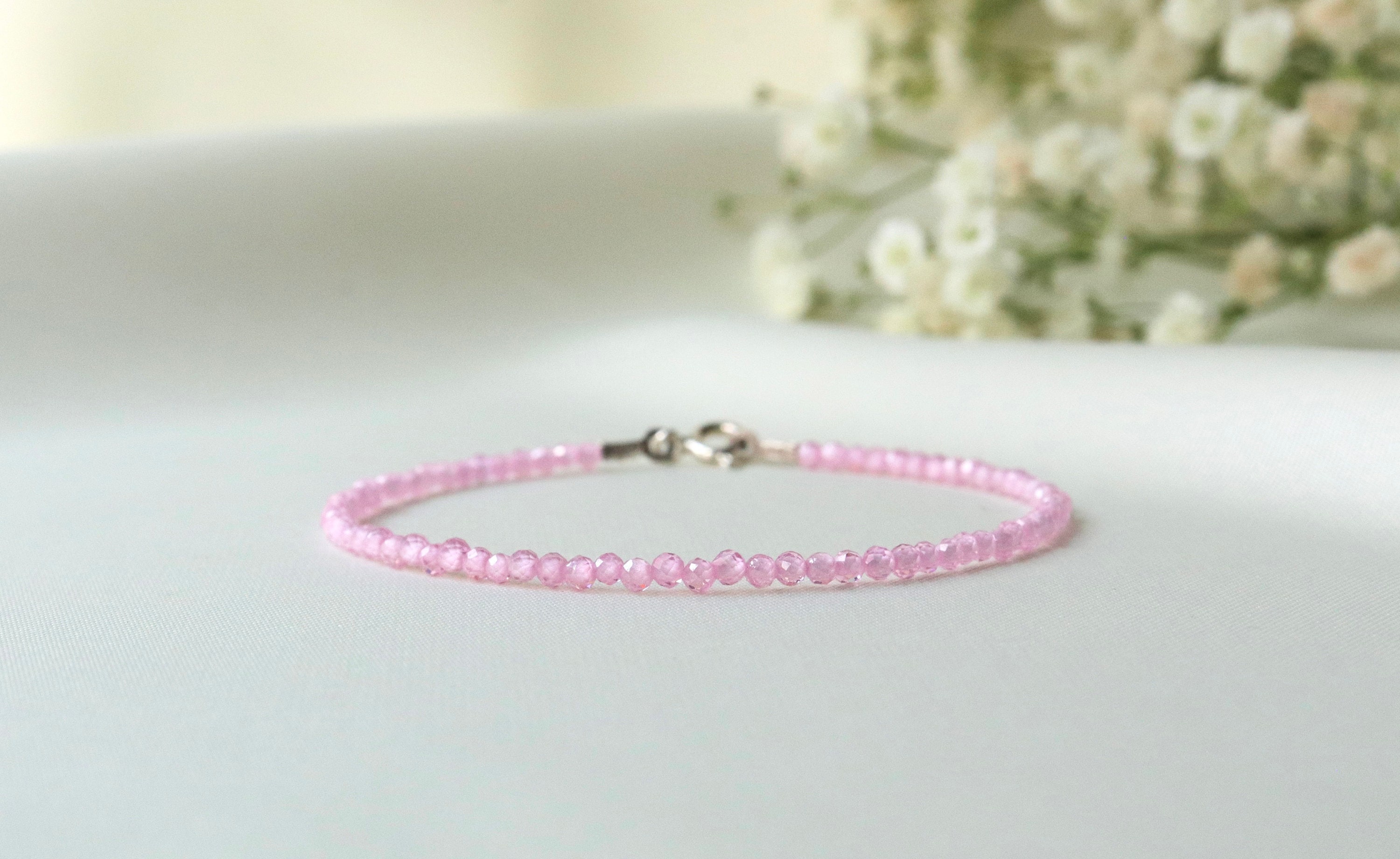 Pink Zircon Bracelet - December Birthstone, Dyed, Genuine Zircon Jewelry 2mm, Thin Minimalist Bracelet, Gifts For Her, Pink Crystal Bracelet