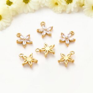 Tiny Flower Pendant Charms With Cz Zircon, 18k Gold Color Color Plated Brass For Diy Necklace, Bracelet, And Jewelry Making Projects, 6pcs Tiny Flower Pendant Charms With Cz Zircon, 18k Gold Color Color Plated Brass For Diy Necklace, Bracelet, And Jewelry Making Projects, 6pcs