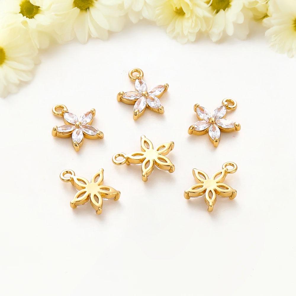 Tiny Flower Pendant Charms With Cz Zircon, 18k Gold Color Color Plated Brass For Diy Necklace, Bracelet, And Jewelry Making Projects, 6pcs