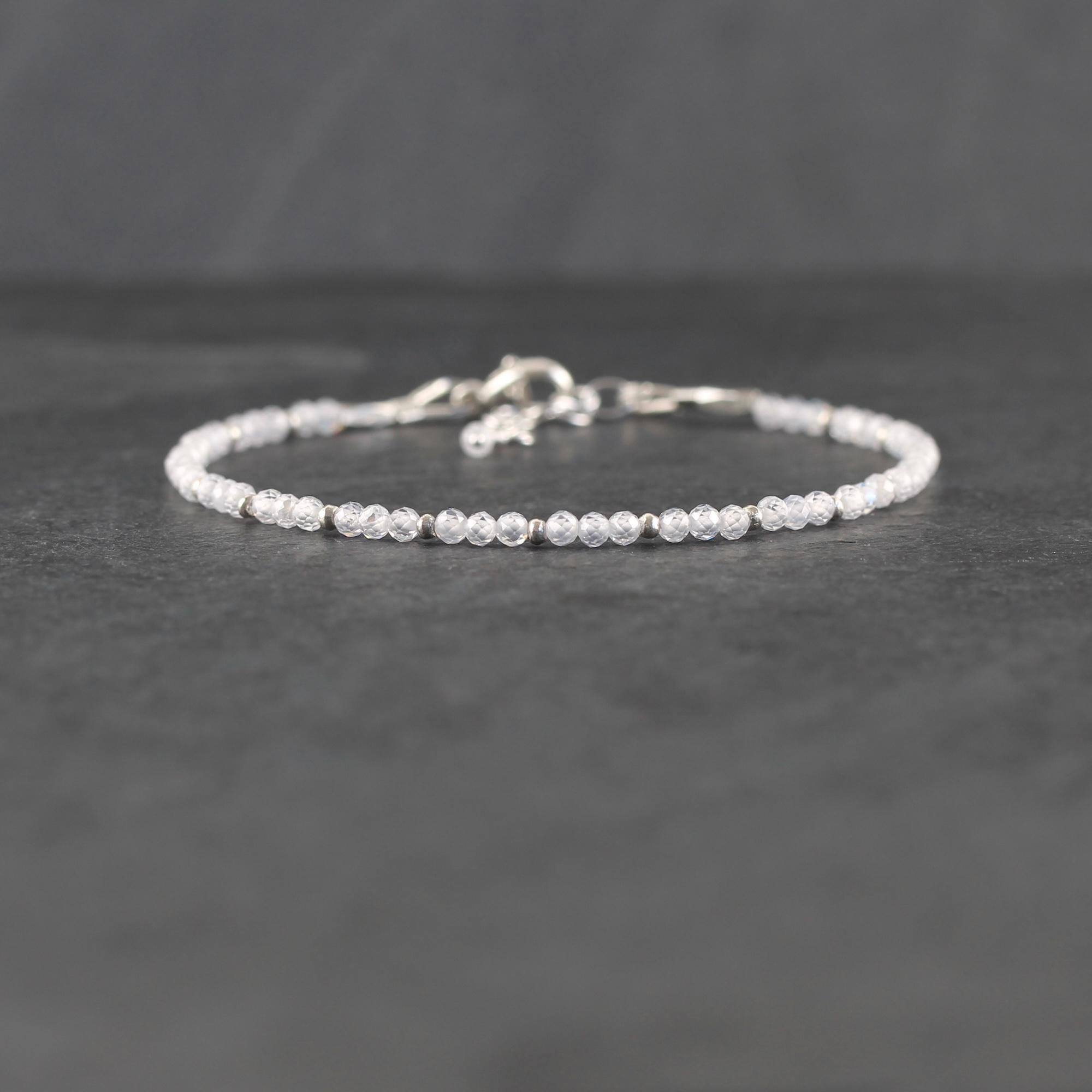 White Zircon Bracelet In Sterling Silver, Gold Or Rose Gold Filled With Dainty 2 To 2.2mm Faceted Natural Gemstone Beads