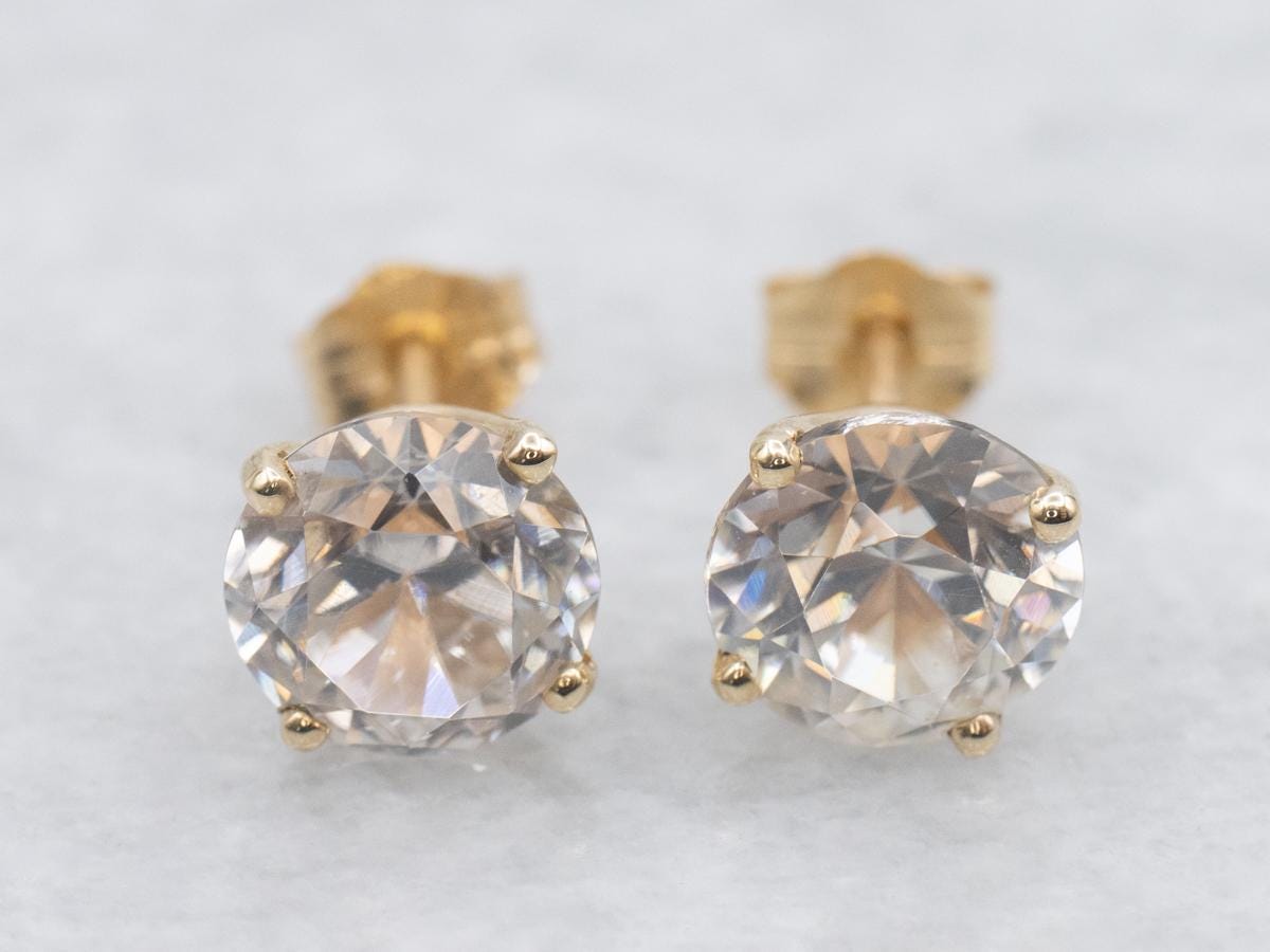 14k Yellow Gold White Zircon Stud Earrings