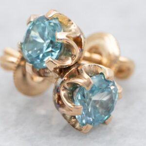 14K Yellow Gold Zircon Stud Earrings, Round Sky Blue Gemstone