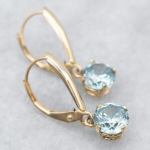 14K Yellow Gold Blue Zircon Leverback Drop Earrings