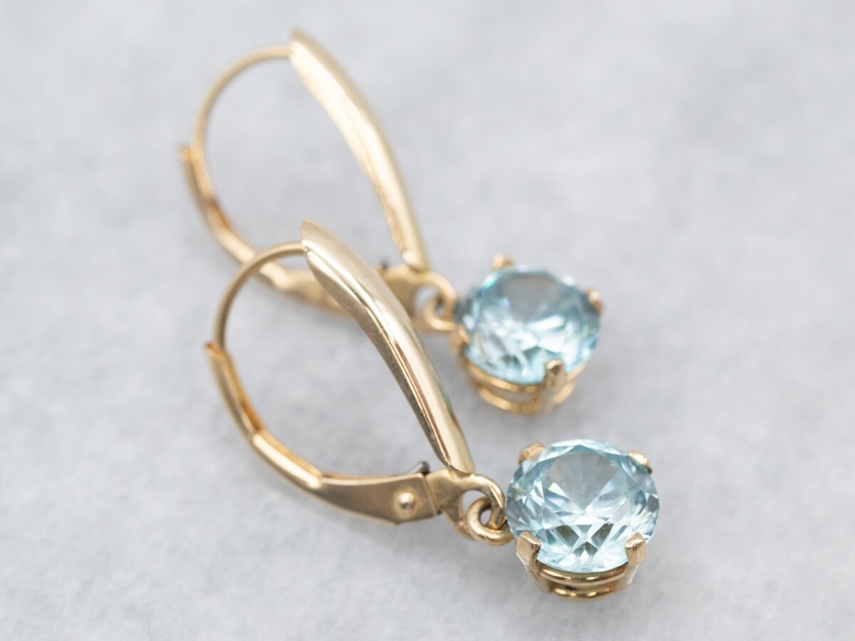 14k Yellow Gold Blue Zircon Leverback Drop Earrings
