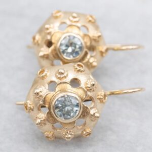 14K Yellow Gold Zircon Drop Earrings, Floral Jewelry