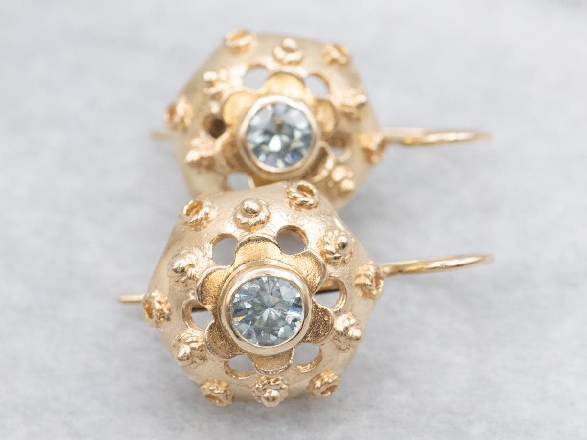 14k Yellow Gold Zircon Drop Earrings, Floral Jewelry