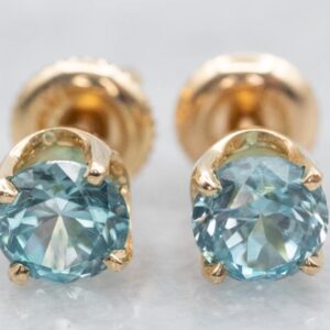 14K Yellow Gold Blue Zircon Stud Earrings, 1.82 Carats