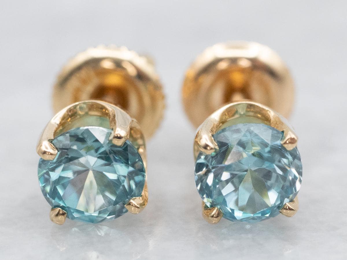 14k Yellow Gold Blue Zircon Stud Earrings, 1.82 Carats