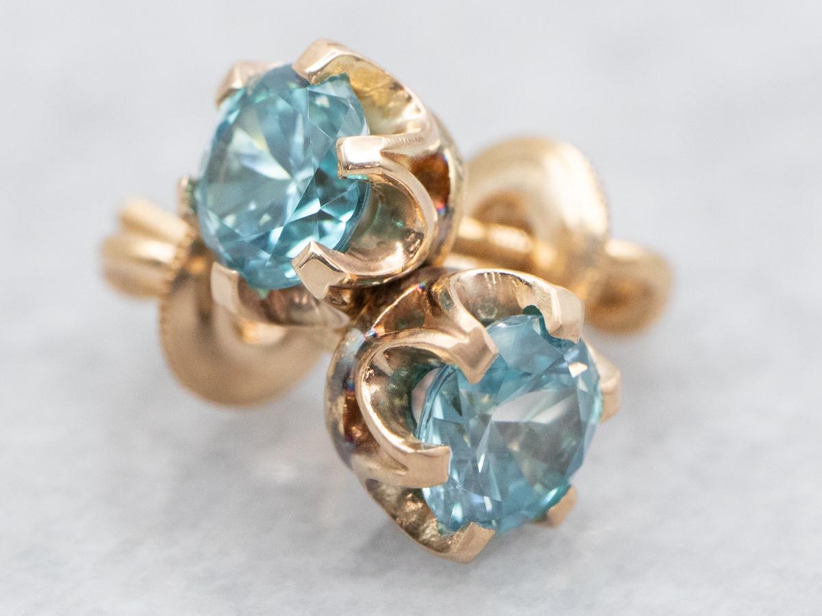 14k Yellow Gold Zircon Stud Earrings, Round Sky Blue Gemstone