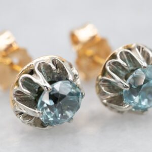 18K Gold Blue Zircon Stud Earrings, Two-Tone Gemstone Jewelry