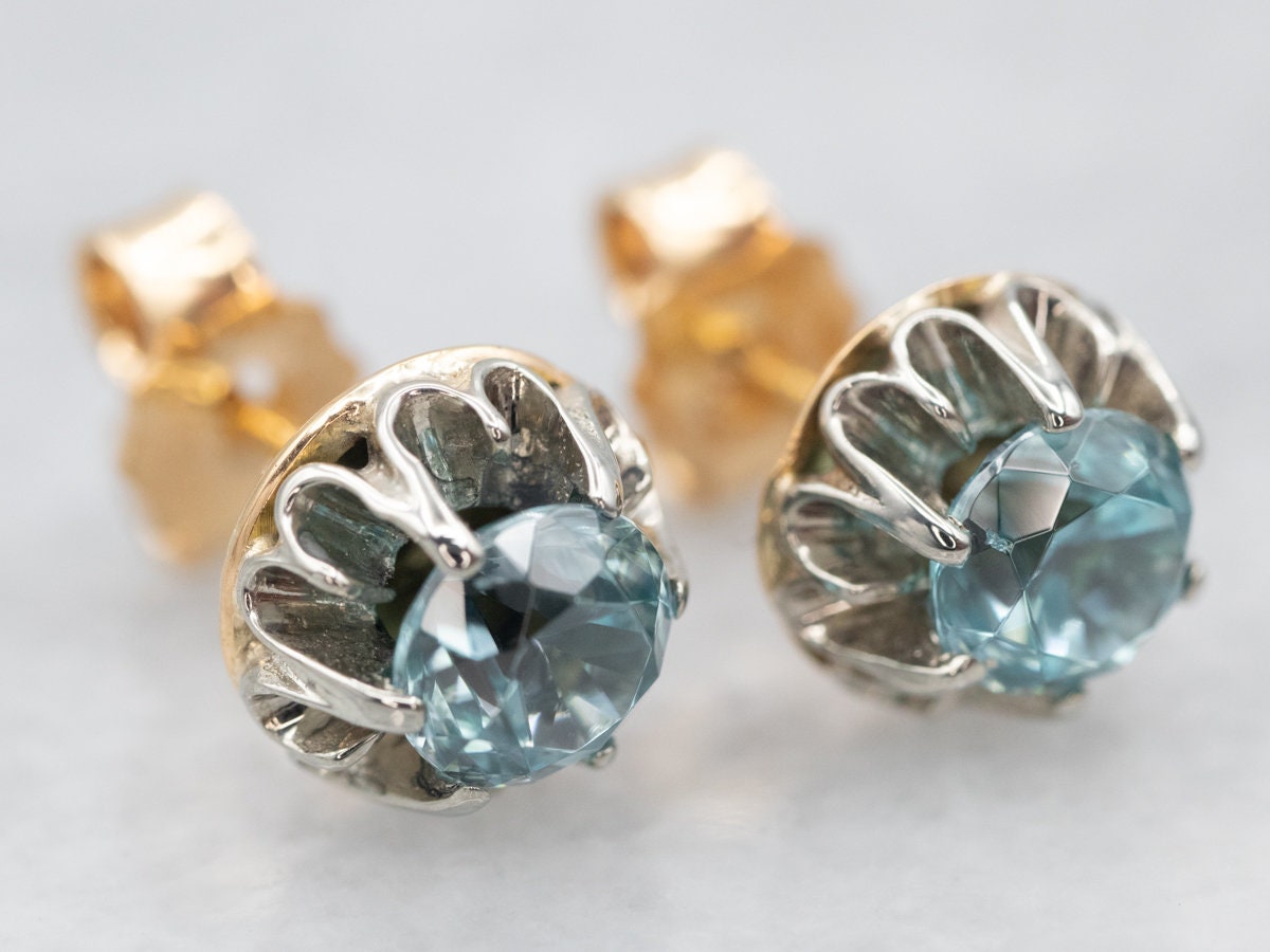 18k Gold Blue Zircon Stud Earrings, Two-tone Gemstone Jewelry