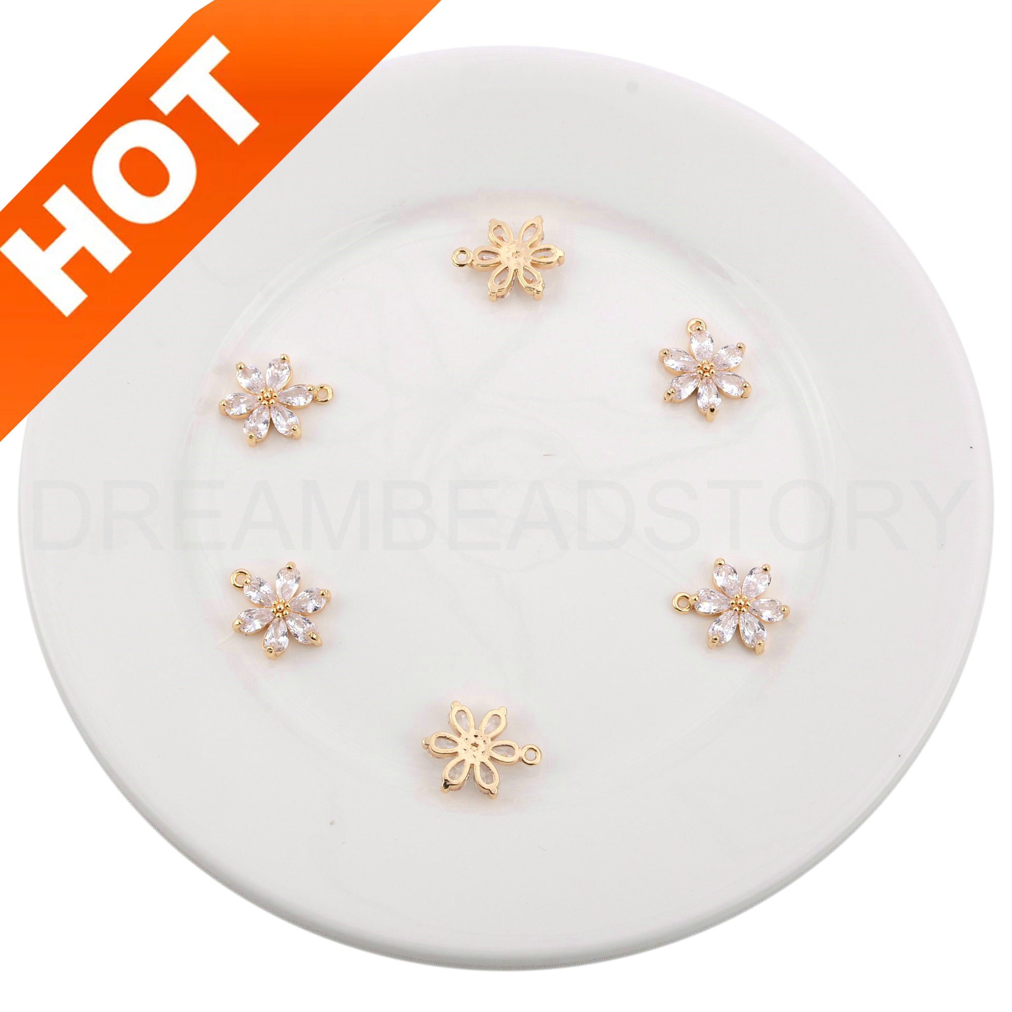 2-100 Pcs Zircon Flower Charms For Jewelry Making 14k Gold Plated Zircon Pave Floral Pendant/ Earring Post