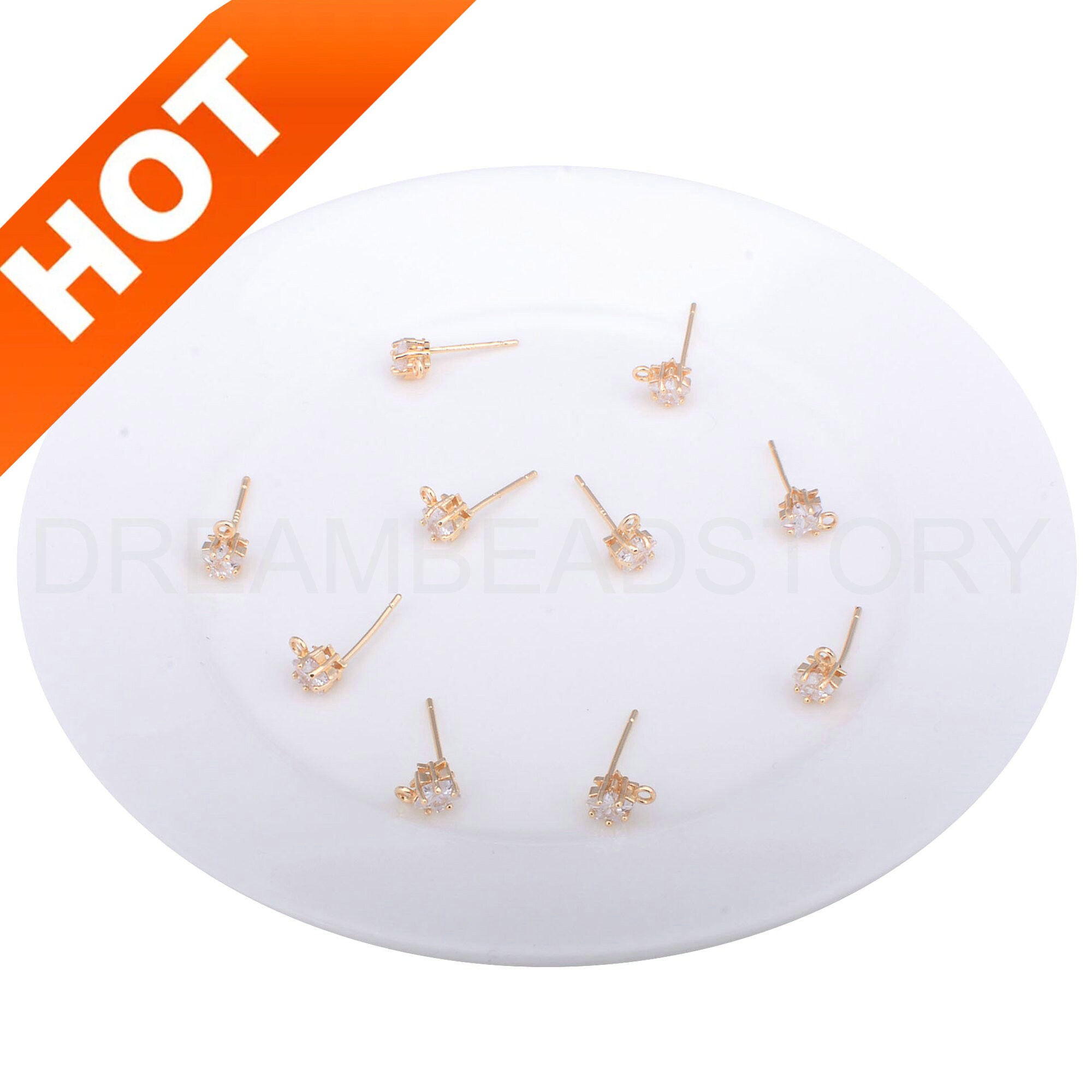2-100 Pcs Cz Earring Post Lots Bulk Supply 14k Gold Plated Zircon Star Charm Blank Stud Setting With Closed Ring
