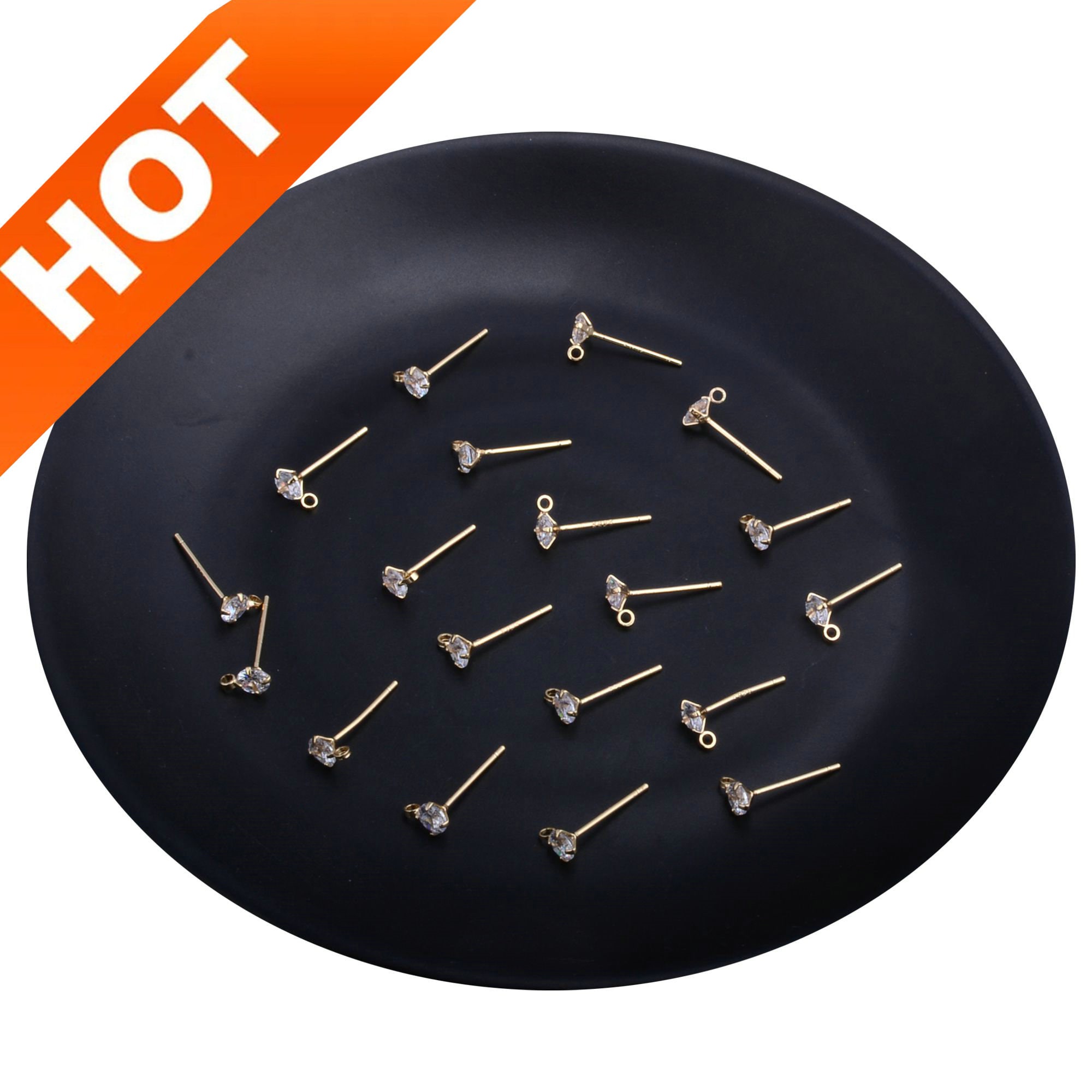 4-200 Pcs Zircon Earring Post 14k Gold Plated Minimalist Blank Stud Setting With Loop (925 Silver Pin)