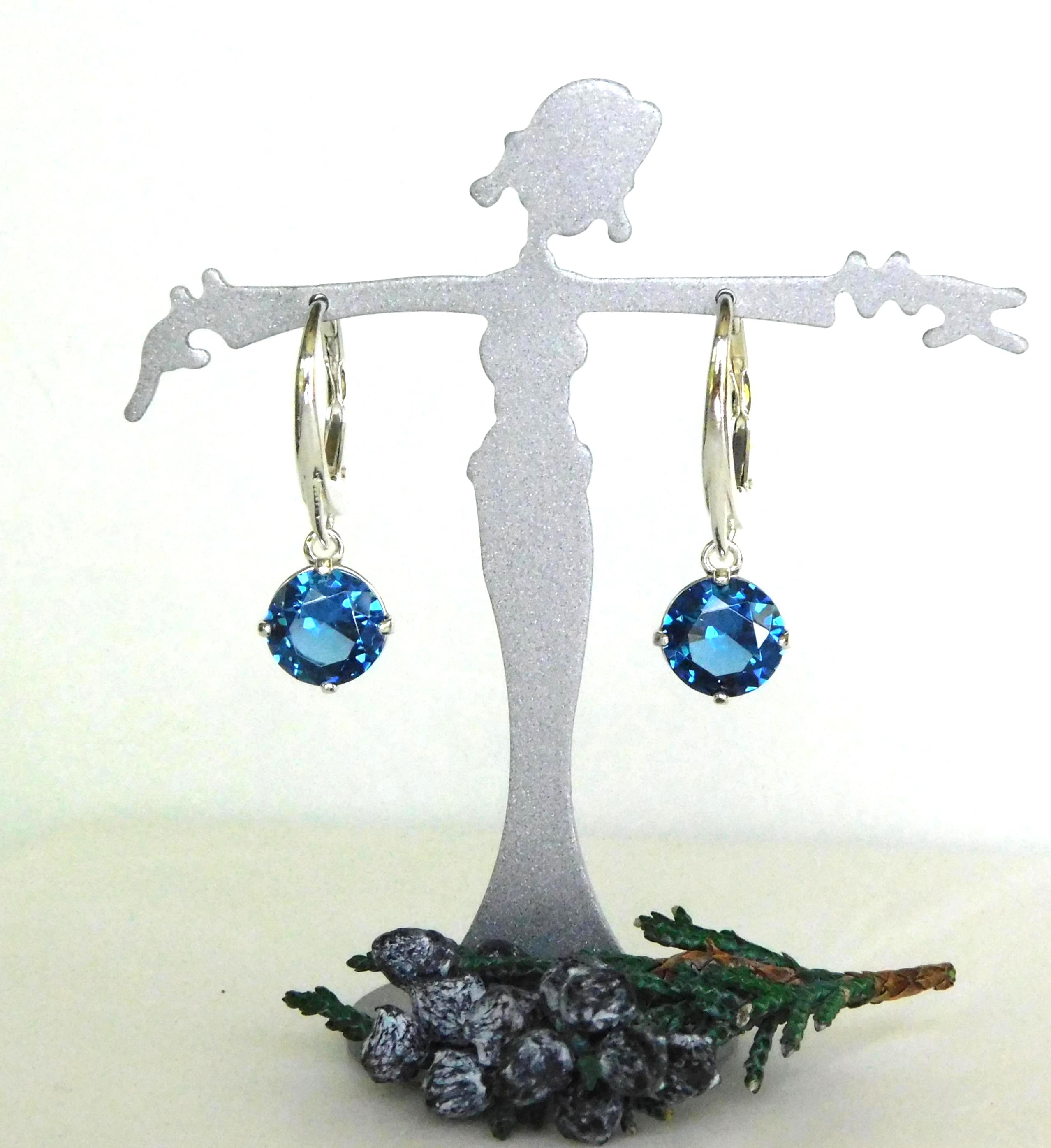 Blue Zircon 8mm Drop Earrings: Sterling Silver, December Birthstone
