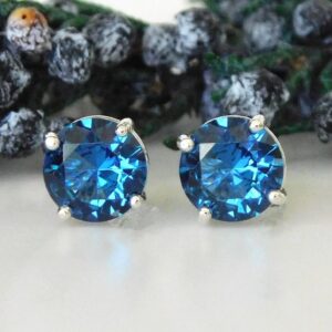 Blue Zircon 8mm Stud Earrings: Sterling Silver, December Birthstone