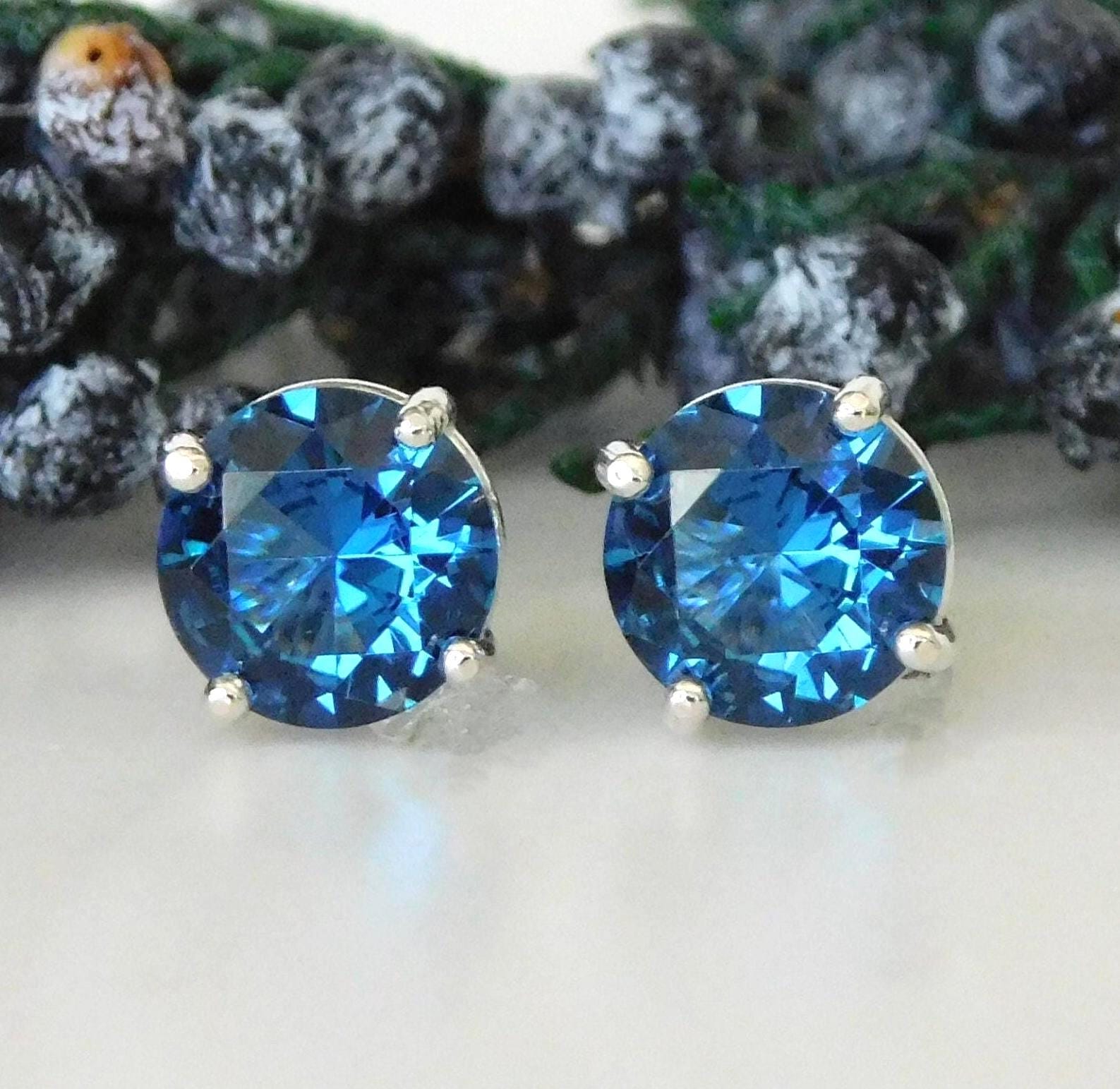 Blue Zircon 8mm Stud Earrings: Sterling Silver, December Birthstone Blue Zircon 8mm Stud Earrings: Sterling Silver, December Birthstone
