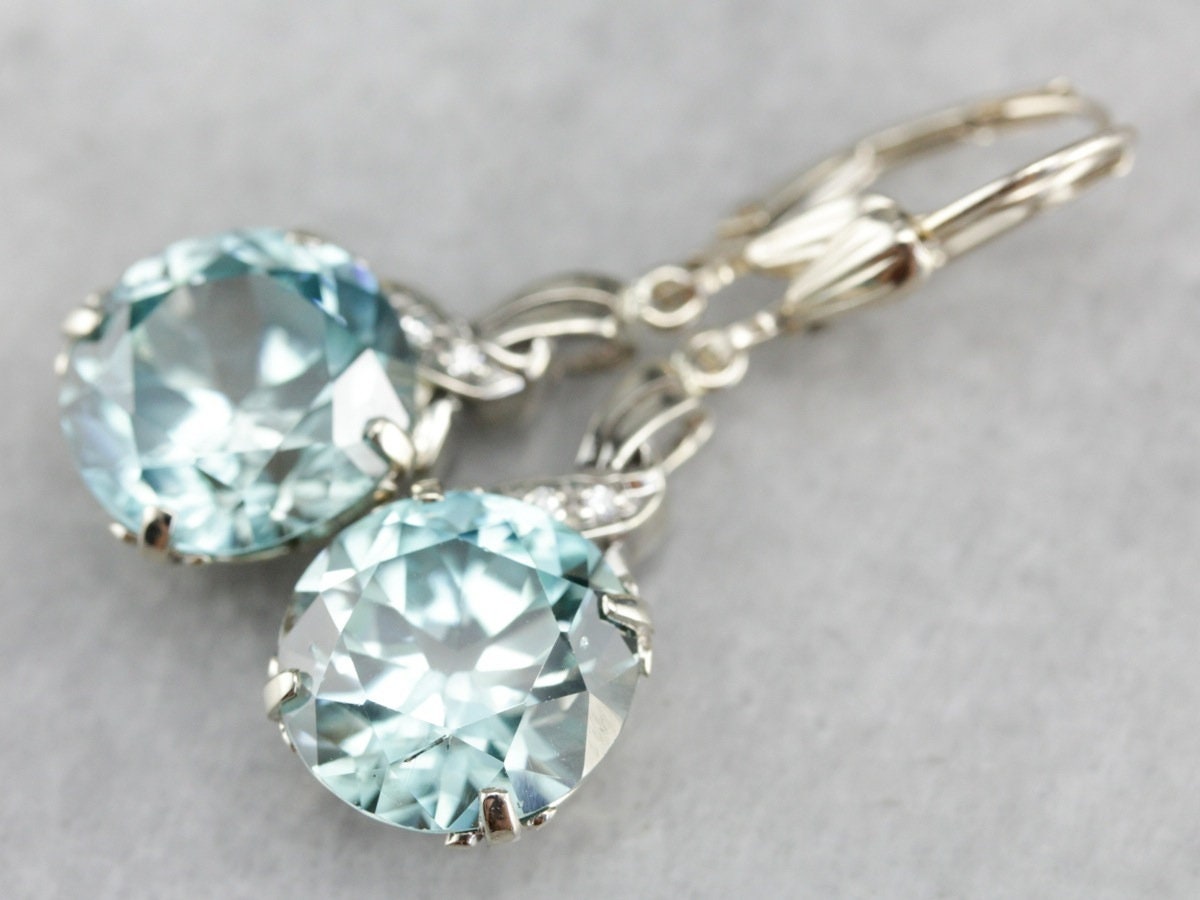 Blue Zircon And Diamond Drop Earrings, Bridal Jewelry, Anniversary Gift, Gemstone Earrings