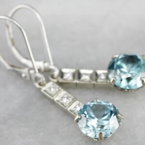 Blue Zircon Drop Earrings, 14K White Gold, Diamond Accents