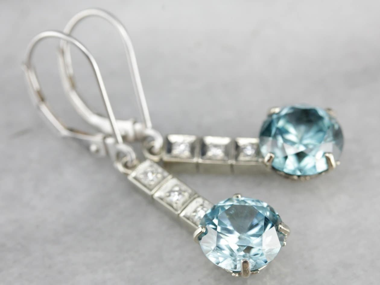 Blue Zircon Drop Earrings, 14k White Gold, Diamond Accents