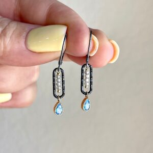 Blue Zircon and Diamond Earrings, December Birthstone, Tiny Blue and White Teardrop Ovals Oxidized Silver Earrings, Minimalist Gift for her
