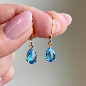Blue Zircon Earrings, December Birthstone, Tiny Neon Blue Teardrop Earrings in Gold or Silver, Pear Drop Vivid Blue Small Jewelry for Women